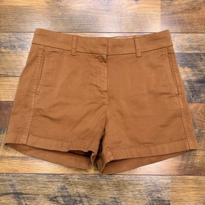 Pantalones Cortos Chinos J Crew Para Mujer 2 Marrón Frente Plano Tiro Medio Elástico Sarga Foto 1 de 4