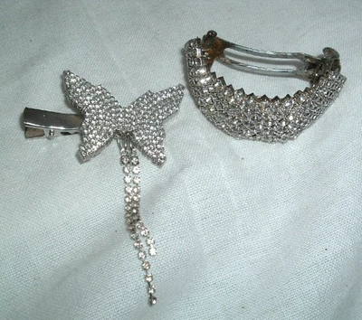 VINTAGE WHITE RHINESTONE PONYTAIL HAIR BARRETTE AND BUTTERFLY CLIP - Image 1 of 4