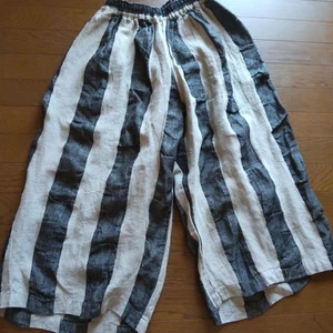 ICHI Antiquites Women's Gaucho Pants Ecru Striped Linen Navy Beige Free Size - Picture 1 of 12