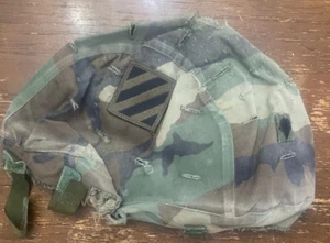 US WOODLAND CAMO 3RD ID BADGED HELMET COVER WELL USED - Picture 1 of 4