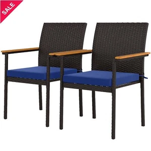 2 PCs Outdoor Stackable Rattan Dining Chairs w/ Wood Armrests&Removable Cushions - Picture 1 of 7