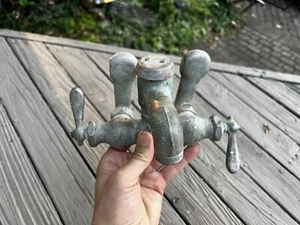 Vtg Bathroom Deco Sink Metal Farm Industrial Salvage Faucet Hot Cold Rustic - Picture 1 of 16