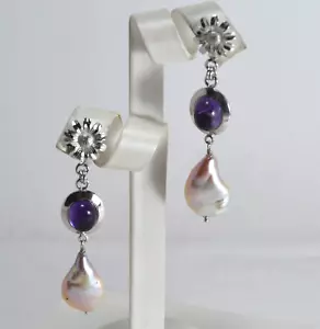 ORECCHINI IN ARGENTO 925 CON AMETISTA IDROTERMALE PERLE MULTICOLORE AGHT 0957 - Foto 1 di 3