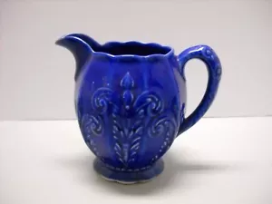 Vintage Cobalt Blue Ceramic Embossed Scrolls and Flowers Pitcher Jug - Picture 1 of 6