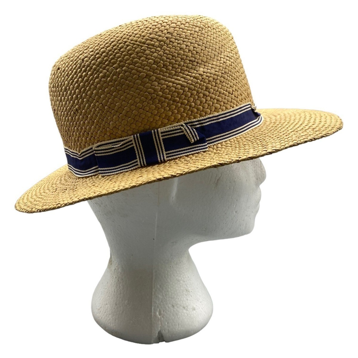 Vintage 80s Straw Brimmed Hat Fedora Boater Rounded Crown  display picture 3