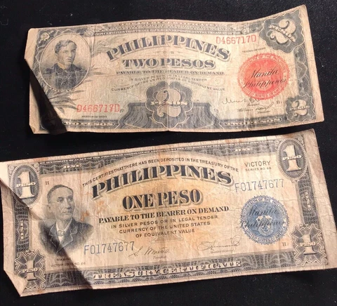 Philippines 1936 2 Pesos Note and 1944 Victory peso Note Cover