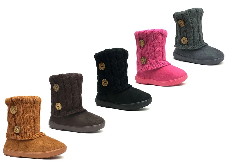 New Kids Boots Toddler Girls Cute 2 buttons Faux Fur Suede Knitting Shoes-285 - Image 1 of 1