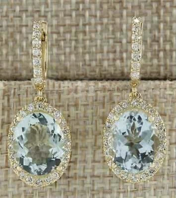 2.50Ct Oval Cut Moissanite Aquamarine DropDangle Earrings 14K Yellow Gold Plated - Image 1 of 2