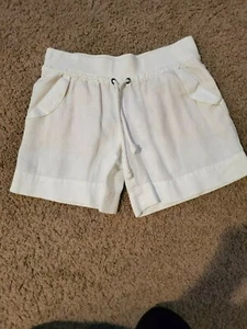 London Jean Women's White Linen Shorts 4 Tan Lined Pockets Size Small - Picture 1 of 4