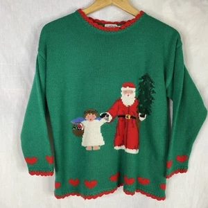 90s hartstrings open knit Christmas tree angel & Santa sweater size Girls 10/12 - Picture 1 of 10