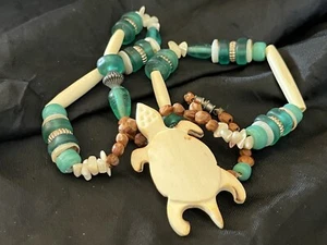 Vintage Carved Turtle Long Beaded Necklace Glass Beads, Seeds & Mother of Pearl - Picture 1 of 7