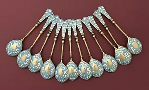 Set 12 German 800 Silver Gilt and ENAMEL Spoons - Picture 1 of 10