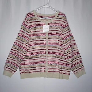 Croft Barrow Cardigan Women 1X Fair Isle Knit Button Long Sleeve Tan Red Stripe - Picture 1 of 8