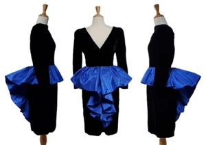 Vintage Oscar de La Renta Dress Gown 1980s Black Cocktail Velvet Blue Bustle M - Picture 1 of 14
