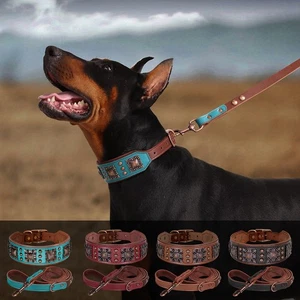 Leather Dog Collar and Leash Set Soft Padded 5cm Wide Heavy Duty Metal Buckle - Picture 1 of 19