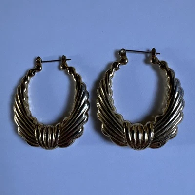 Vintage Retro Gold Tone Shrimp Hollow Door Knocker Hoop Earrings  - Image 1 of 4