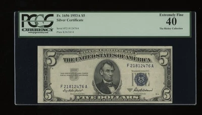 DBR 1953-A $5 Silver Fr. 1656 FA Block PCGS XF-40 Serial F21812476A - Image 1 of 2