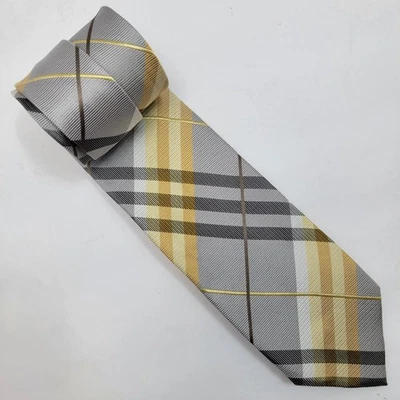 Geoffrey Beene Silver/Gold/Black Plaid 100% Silk Handmade Necktie 60"x3" - Image 1 of 4