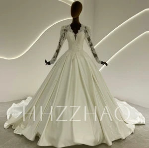 Satin Classic Wedding Dresses Long Sleeve Sweep Train Lace Applique Bridal Gown - Picture 1 of 11