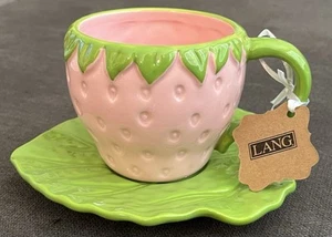 Lang By Design Pink Strawberry Tea Cup Coffee Mug & Leaf Saucer Hand Painted NWT - Afbeelding 1 van 23