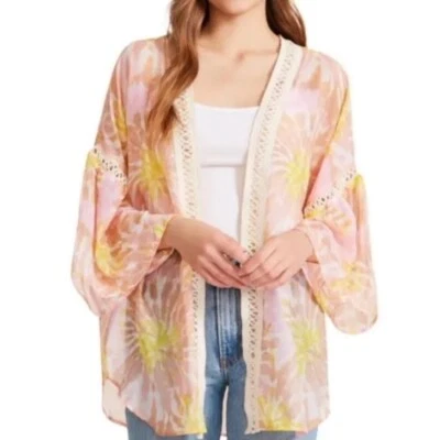Steve Madden Crochet-Trim Tie-Dyed Kimono OSFM Boho Cover Up Sheer Floral Summer - Изображение 1 из 4