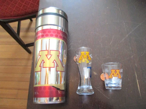 3-NEW MINNESOTA GOLDEN GOPHERS SPILL PROOF TUMBLER & 1-2 & 1-4ozs. SHOT GLASSES Cover