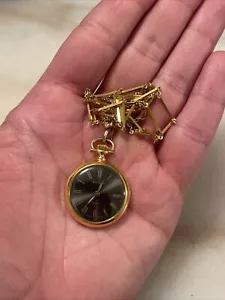 BUCHERER Pocket Watch Necklace Pendant Etched Swiss Made Quartz Black AS-IS - Picture 1 of 8
