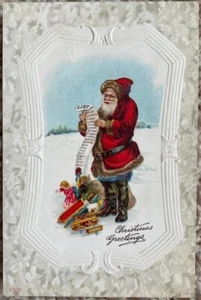 POSTAL DE NAVIDAD ~ SANTA CLAUS con BOLSA DE JUGUETES CHEQUES LARGA LISTA DE BUENOS NIÑOS - Imagen 1 de 3