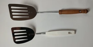 Set of 2 EKCO Slotted Short Handle Spatulas Flipper Wooden Handle Chromium Plate - Picture 1 of 7