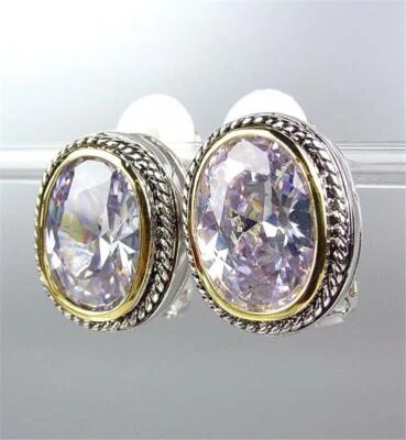 GORGEOUS Faceted Lavender Amethyt Crystal Silver Cable Gold Oval CLIP Earrings - Image 1 of 3