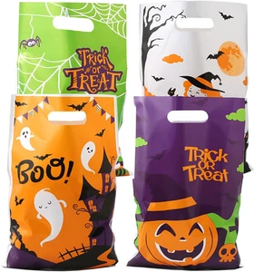 100Pcs Halloween Goodie Bags, Plastic Candy Treat Bag with Handle - Picture 1 of 12
