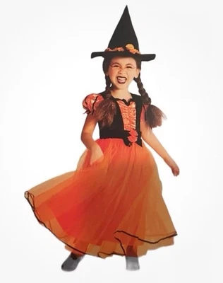 Girls Witch Costume Black & Orange Dress & Hat - Size 8 - Image 1 of 4