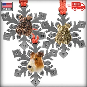 Pewter Wire Hair Fox Terrier Snowflake Christmas Tree Ornaments, Made in the USA - Picture 1 of 5