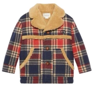 GUCCI⚡️Boy's size 6Y tartan plaid sherpa faux shearling wool plaid coat kid's - Picture 1 of 12