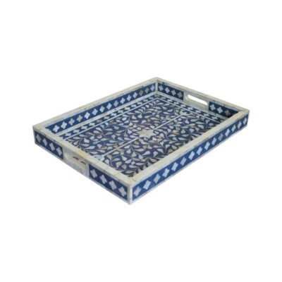 Mother Of Pearl Inlay Tray - Floral Navy - Image 1 of 4