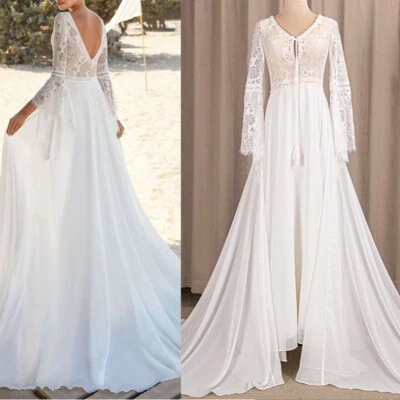 Vestidos de novia simples boho de encaje cuello en V mangas largas de gasa línea A Foto 1 de 4