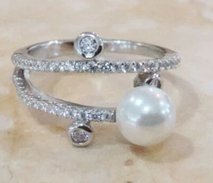 925 Sterling Silver Platinum Embraced Simulated Diamond Pearl Band Ring size 6 - Picture 1 of 7