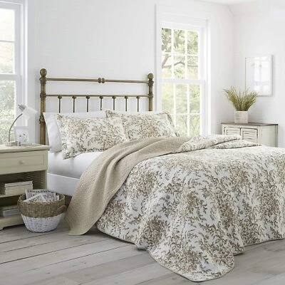 QUALITY NEW ~ COZY COTTAGE CHIC COUNTRY TROPICAL WHITE BROWN TAUPE FLORAL LEAF QUILT SET