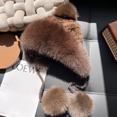 Sombrero de piel de visón 100 % real para mujer piel de zorro bombardero ruso trampero gorras con orejeras Foto 1 de 4