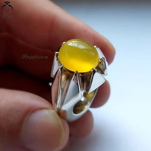 Yellow Yemeni Aqeeq Ring Natural Agate Men’s Unique Design Handmade - Picture 1 of 7