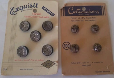 Lot of 9 Vintage 1950s Black Glass Dress Buttons Gold or Silver Luster on Card - Image 1 of 4
