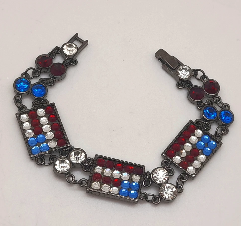 B001 American Flag color rhinestones black  chain fashion bracelet - Image 1 of 4