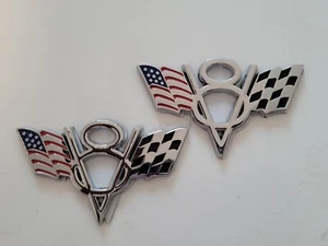 2pcs Metal Chrome Car V8 Vintage Logo USA Flag Trunk Emblem Badge Decal Sticker - Picture 1 of 7
