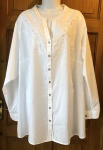 Woman’s Embroidered Cotton Blouse With Buttons Size 28 Roll Tab Long Sleeves - Picture 1 of 4