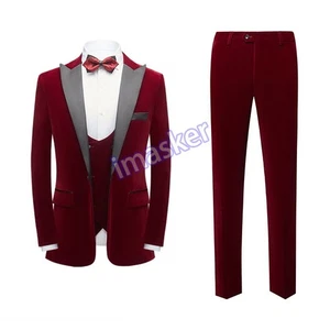 Mens Velvet One Button 3pcs Suits Jackets Vest Pants Formal Dress Stage Business - Picture 1 of 29