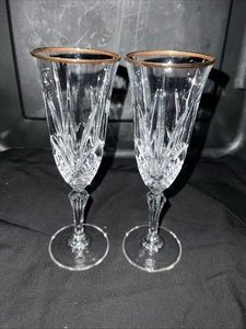 2er Set Sektflöten mit geschliffenem Kristall Goldrand Salzburg Kristall - Bild 1 von 2