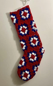 Crocheted Granny Square 24" Christmas Stocking Red , Blue and White New - Picture 1 of 1