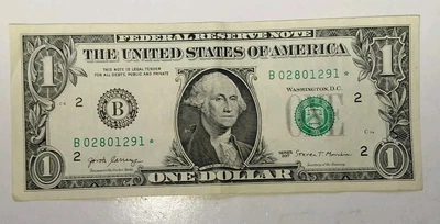 2017 $1 Federal Reserve Star Note B 02801291 ☆ SEE PHOTOS  - Image 1 of 3