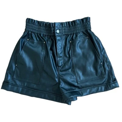 Zara — 女式 Hi Rise 人造皮革黑色铐边短裤 10 码全新带标签 — 第 1/4 张图片