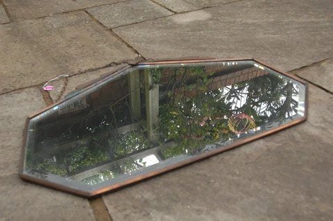 Art Deco Copper/Bronze Mirror with Chain and Bevelled Glass. Inc. UK P&P Cover